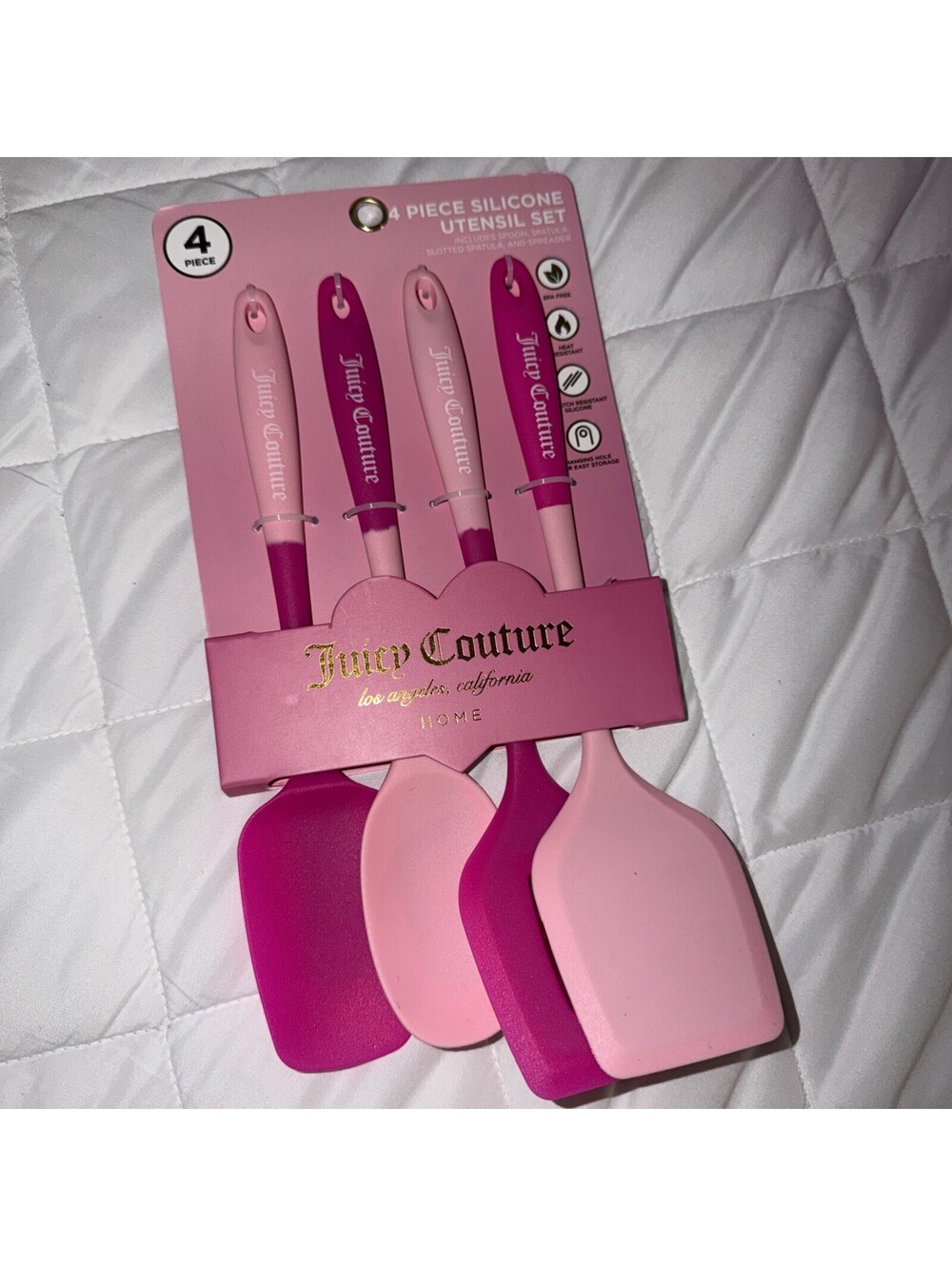 Juicy Couture Silicone Utensil Set Pink 4pc Spatula Spoon Gem Handle NWT